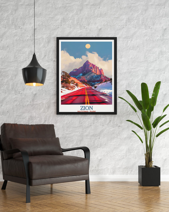 Zion Canyon Scenic Drive framed print showcasing the dramatic beauty of Zion National Park. A stunning piece of wall art for elegant home decor and a thoughtful gift for nature lovers.