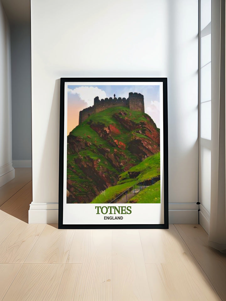 Totnes Castle travel art, bringing the historic charm and beauty of this iconic landmark into your home. The detailed illustrations and vibrant colors make this print a captivating addition to any art collection, ideal for those who appreciate Englands heritage.