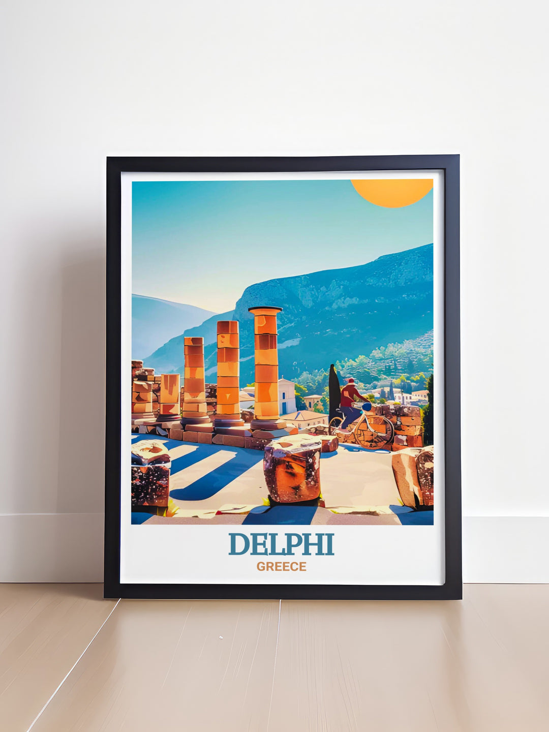 Delphi wall art capturing the spiritual and historical significance of Greeces most revered site. This travel print showcases the Temple of Apollo, offering a stunning visual of Greeces ancient architectural achievements.