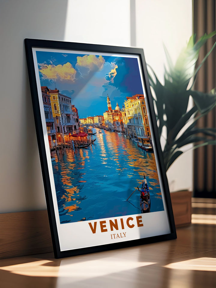 Stunning Venice travel print of the Grand Canal capturing the essence of the citys iconic landmarks and providing elegant decor for any room