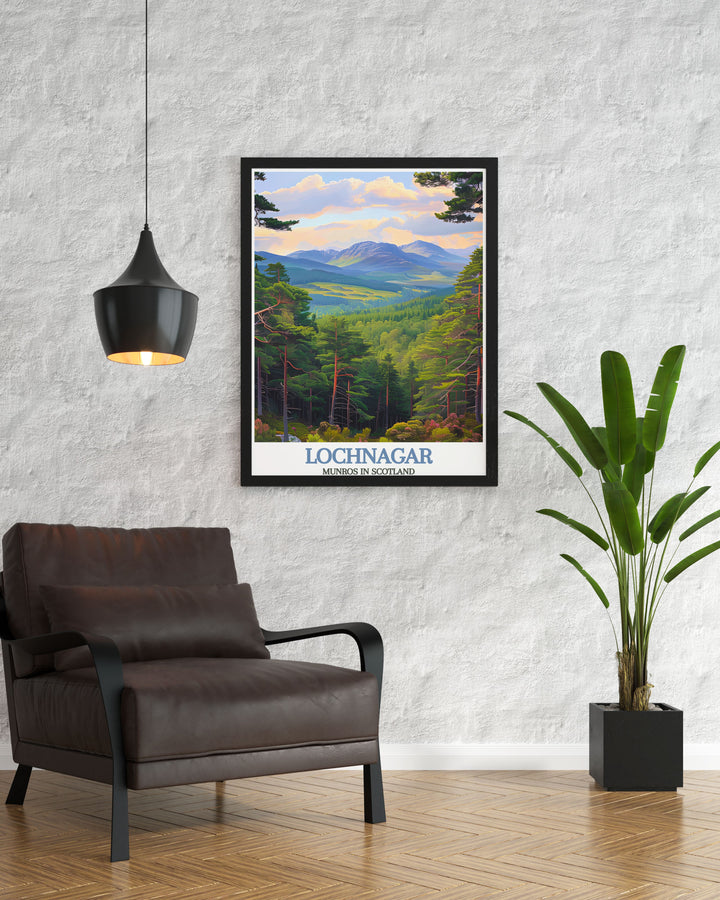Ballochbuie Forest Poster showcasing the rugged charm of the Scottish Highlands with artistic renderings of Lochnagar Munro and Beinn Chìochan Munro great for Munro bagging enthusiasts and those who appreciate Scotlands natural wonders
