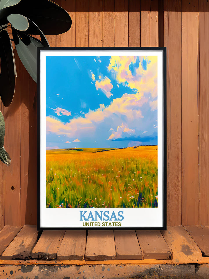 Tallgrass Prairie Travel Print captures the beauty of one of Kansass most iconic natural landmarks in a minimalist style. This black and white canvas art piece brings the serenity of the prairie into your home, making it a wonderful gift for nature lovers or anyone who appreciates Kansass landscapes.