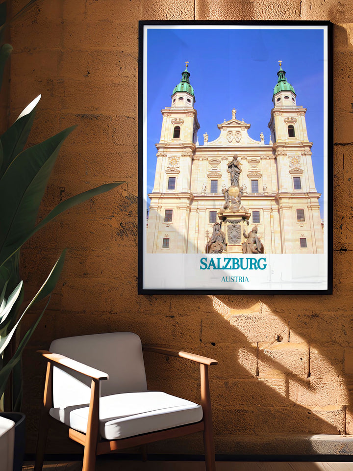 Salzburg Poster with Zauchensee Skiing and Salzburg Cathedral combining Austrian ski art and vintage travel prints for a perfect wall decor piece that adds elegance and excitement to your living space