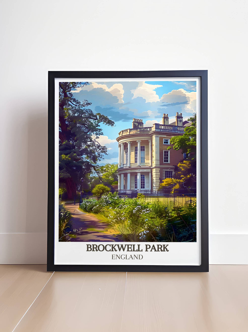 Early morning fog over Brockwell Park with a misty Brockwell Hall in the distance, creating a mysterious and captivating poster