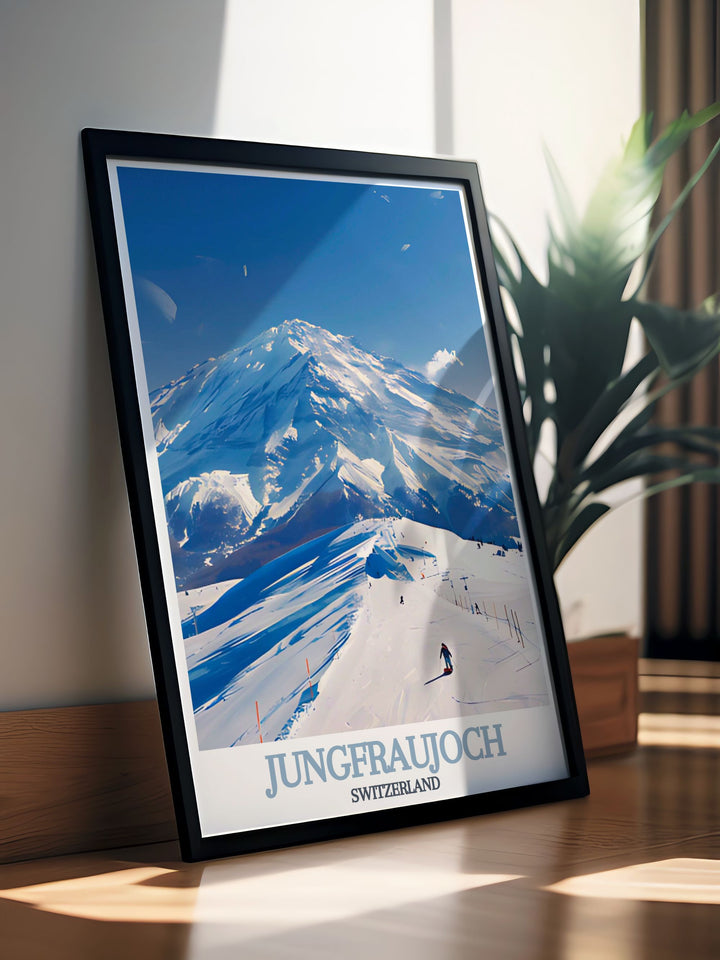 Featuring the vibrant and fun filled Snow Fun Park, this travel poster showcases the various winter activities set against the majestic Swiss Alps, making it a great addition for winter sports enthusiasts.
