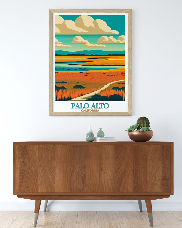 Palo Alto cityscape poster highlighting Baylands Nature Preserve an intricate travel poster print that showcases the natural beauty and ecological diversity of Palo Alto California making it a thoughtful gift for any occasion.