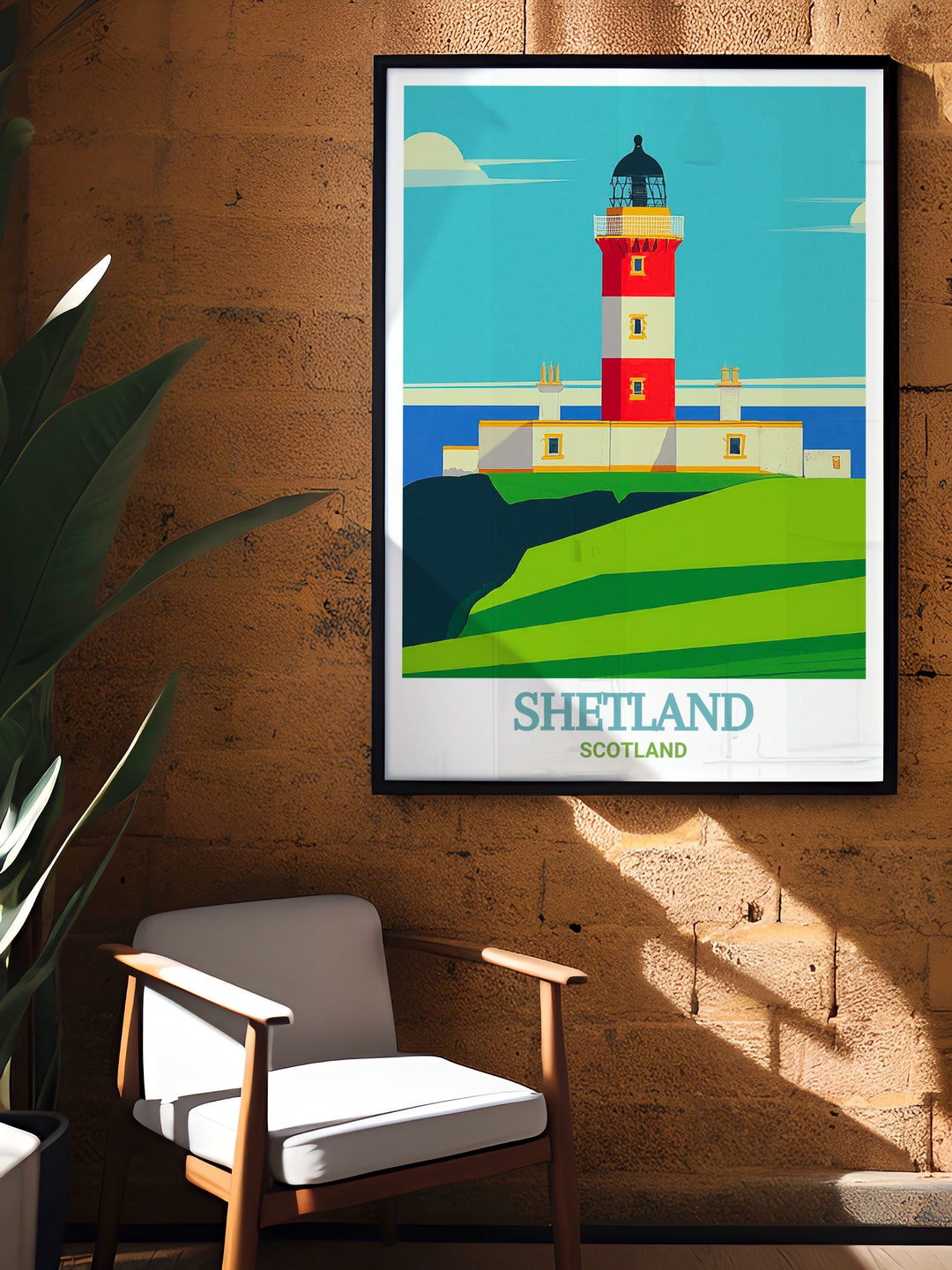 Travel Print of Sumburgh Head Lighthouse in Shetland, Scotland, capturing the wild beauty and historical significance of this remote lighthouse. The print is an ideal addition to any collection of travel art or Scottish decor, offering a stunning portrayal of one of Scotlands most iconic coastal landmarks.