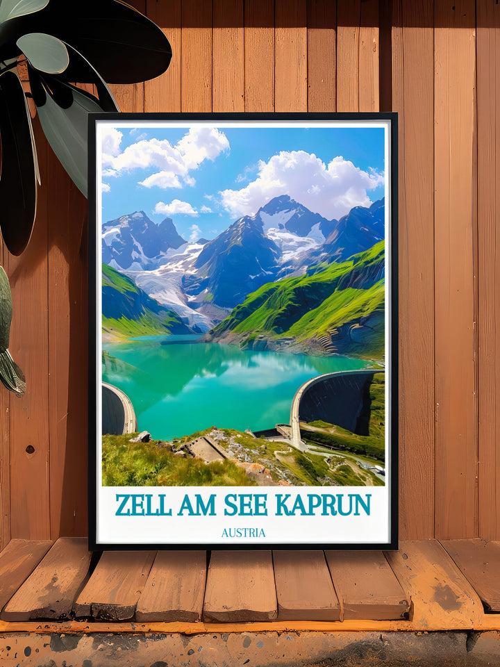 Vintage poster capturing the classic alpine charm of Zell am See Kaprun. The artwork features the regions iconic winter scenes, from the bustling ski slopes to the peaceful mountain reservoirs, evoking the timeless appeal of Austrias winter sports heritage.