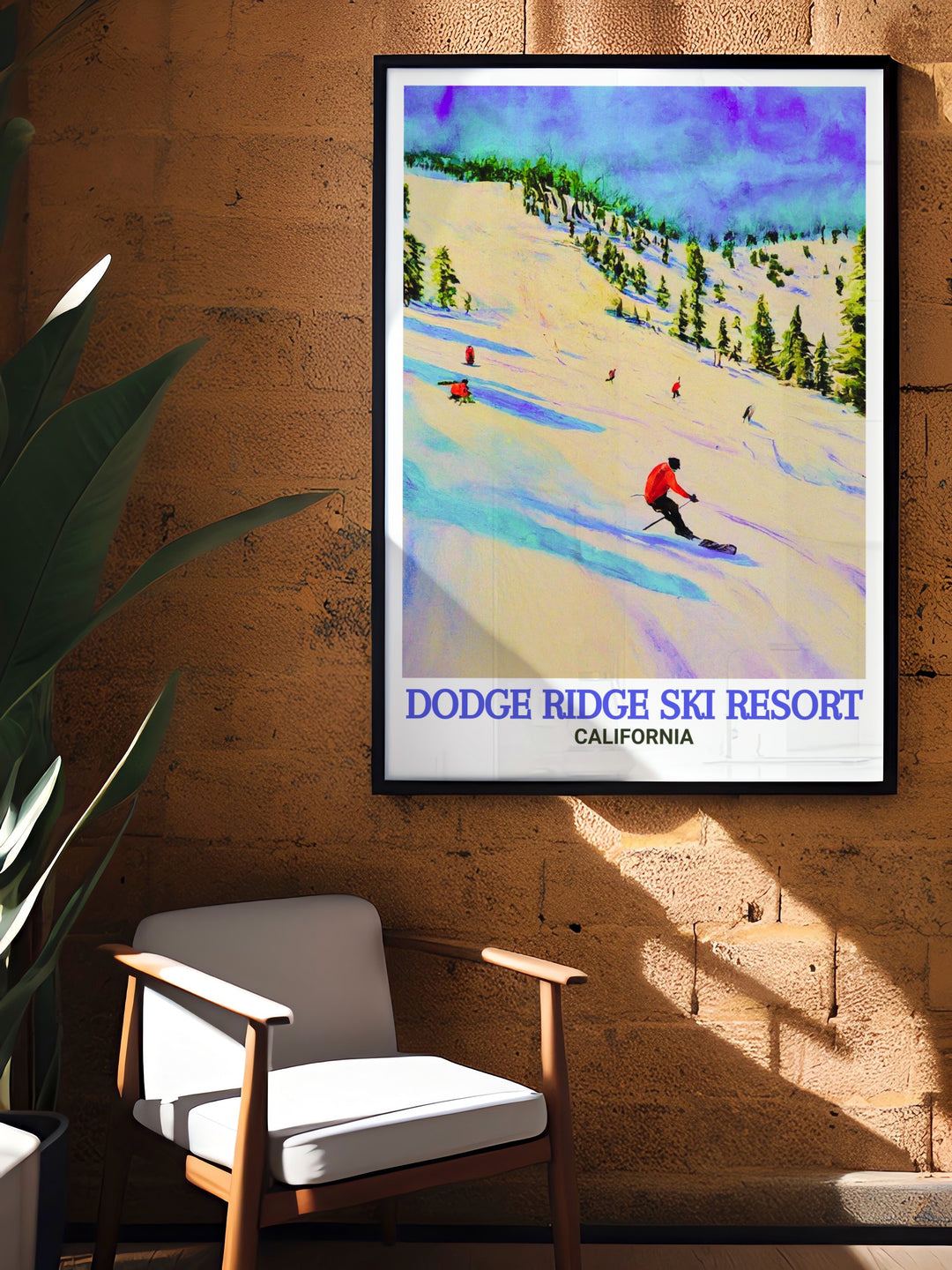 Scenic poster of Dodge Ridge Ski Resort featuring a stunning winter landscape, ideal for adding a touch of adventure and natural beauty to your home decor. This print celebrates the allure of one of Californias premier ski resorts.