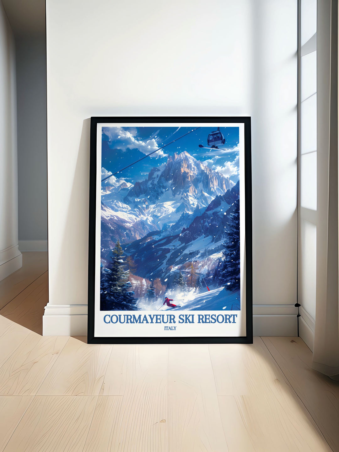 Featuring breathtaking views of Courmayeur Ski Resort and the iconic Mont Blanc, this poster is perfect for those who wish to bring a piece of Italys natural splendor and skiing culture into their home.