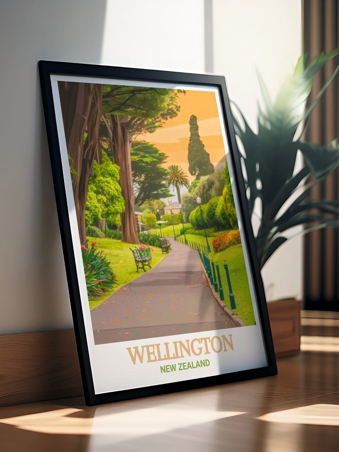 Travel print of the Wellington Botanic Garden offering a detailed view of the lush greenery and diverse plant species. This New Zealand art print is perfect for home décor, bringing a sense of serenity and natures beauty to any space.