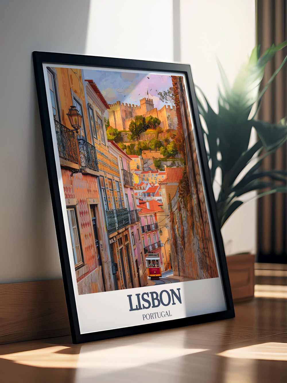 Portugal Travel Art with Alfama District and São Jorge Castle captures the essence of Lisbons rich history and architecture This stunning Portugal Artwork enhances any living room or office with its vivid portrayal of one of the citys most famous views