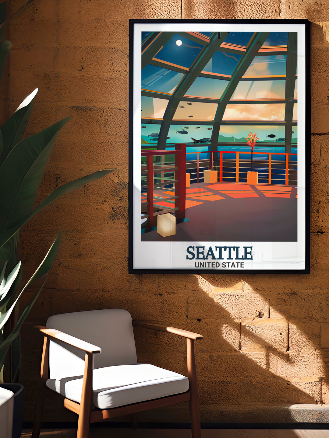 A vibrant Seattle aquarium print showcasing the citys famous aquarium and waterfront. This travel poster blends the natural beauty of the Pacific with Seattles urban landscape, perfect for lovers of Washingtons scenic charm.