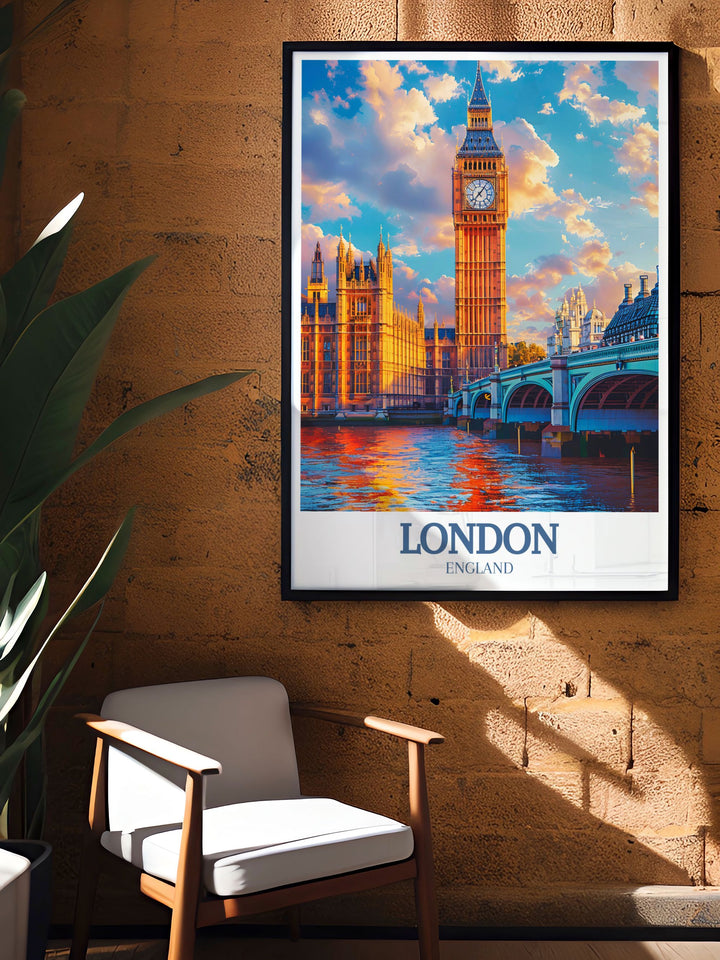 Elegant artwork of Big Ben and London Bridge featuring detailed depictions of Londons architectural icons. This perfect wall decor adds sophistication and a touch of Londons charm to your home with its stunning print