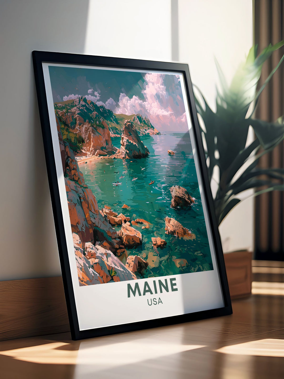 Acadia National Park, located on Mount Desert Island, is highlighted in this poster. Its iconic features such as Cadillac Mountain and Jordan Pond are beautifully captured, making it a perfect piece for those who enjoy scenic landscapes.
