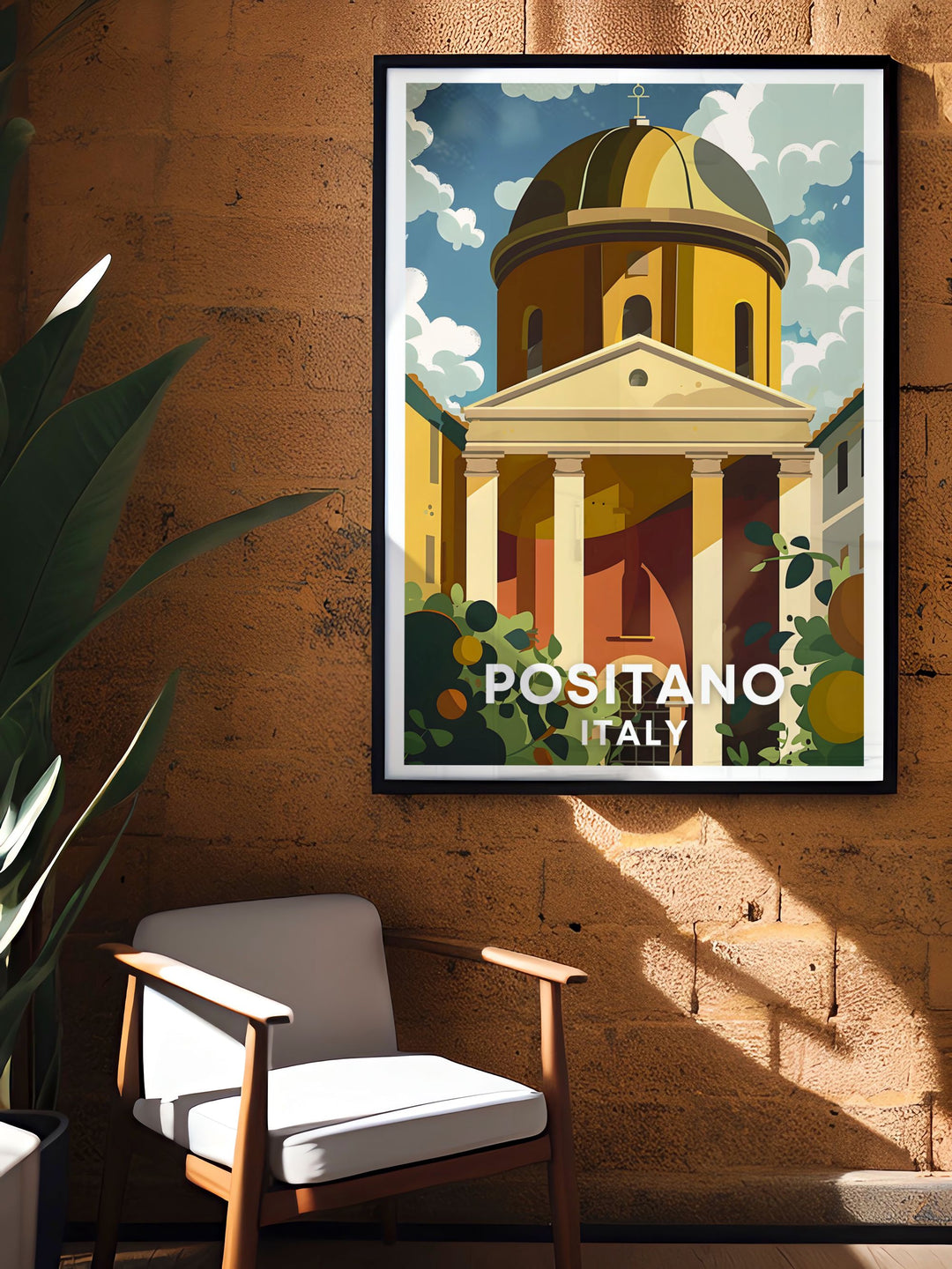 The Chiesa di Santa Maria Assunta is the focal point of this Positano Art Print bringing the charm of the Amalfi Coast to your home. This Italy Wall Art is ideal for creating a sophisticated and stylish living space