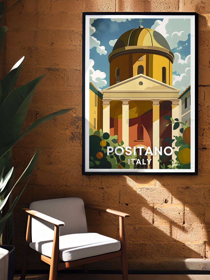 The Chiesa di Santa Maria Assunta is the focal point of this Positano Art Print bringing the charm of the Amalfi Coast to your home. This Italy Wall Art is ideal for creating a sophisticated and stylish living space