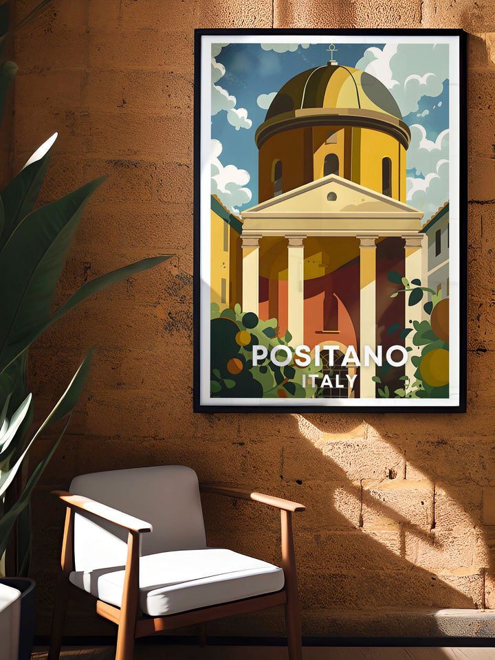The Chiesa di Santa Maria Assunta vintage print featuring Spiaggia Grande in Positano a stunning representation of the Amalfi Coast perfect for home decor and wall art bringing the timeless beauty of Italy into your living space