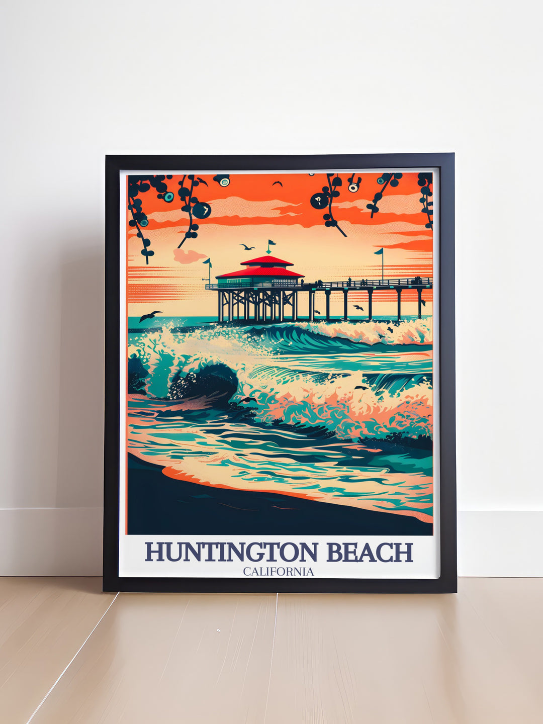 A vivid depiction of Huntington Beach and its famous pier in a travel poster, with the Pacific Ocean in the background. This California wall art adds a beachy charm to any space and makes an excellent personalized gift for beach lovers.