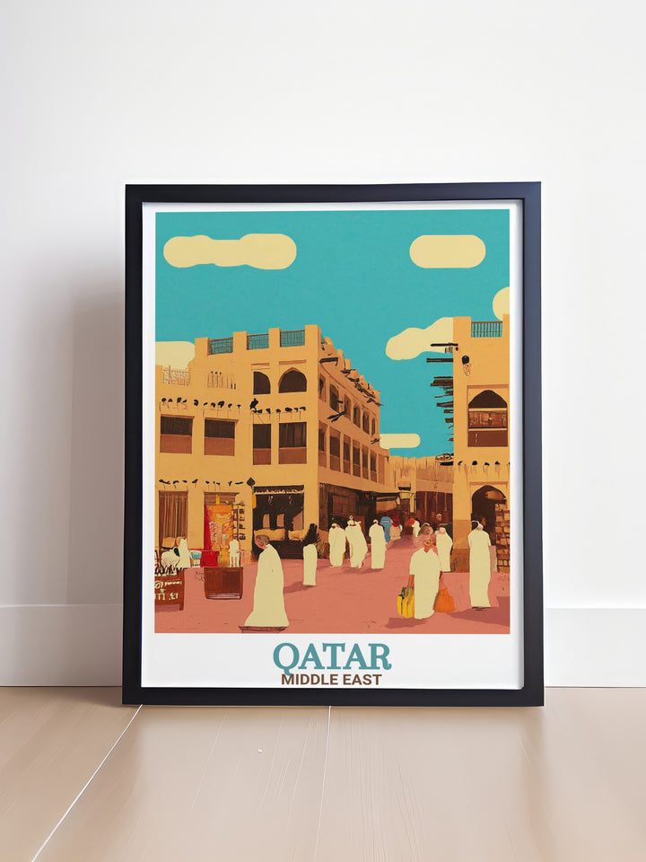 Souq Waqif wall art highlighting the charm and history of this iconic Doha destination. This fine line artwork brings the markets energy to life, showcasing its rich culture and traditional design.