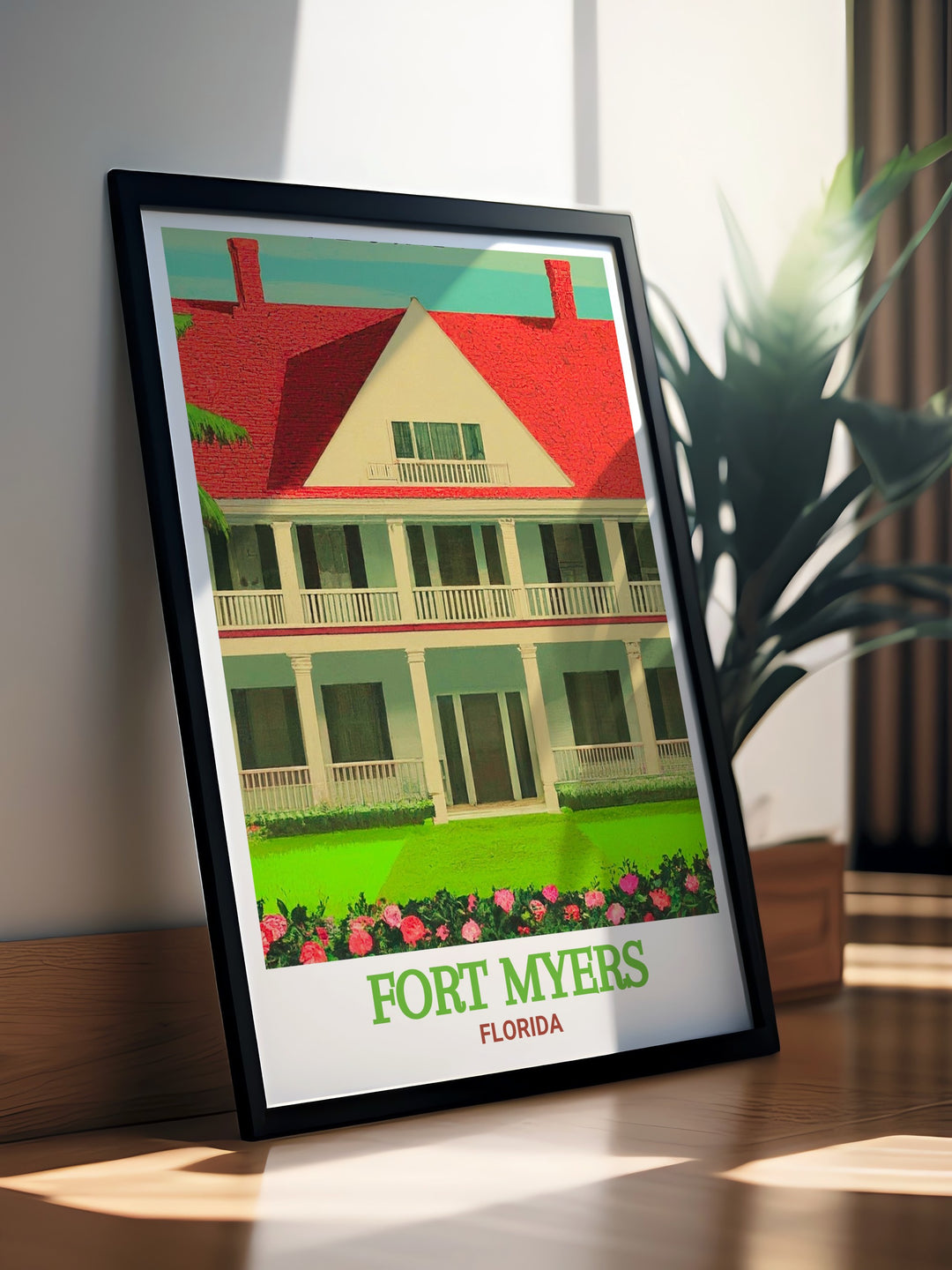 Poster of Edison & Ford Winter Estates highlighting the historical significance and scenic beauty. This beautiful depiction of Floridas iconic landmark brings a touch of history and charm to your home, perfect for those who enjoy historically themed decor.