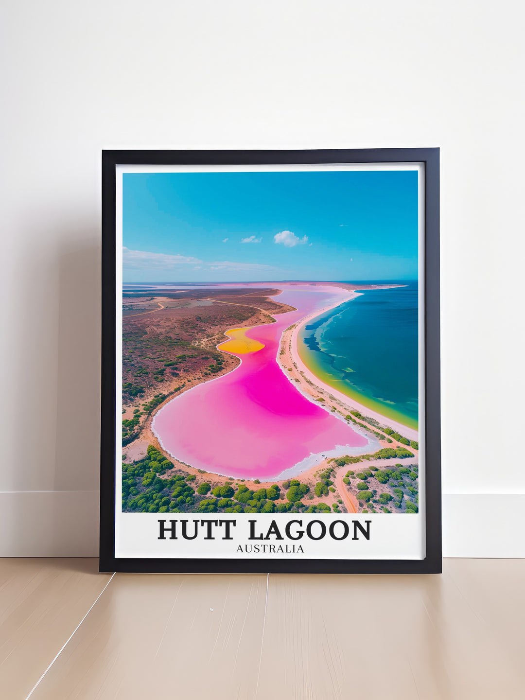 Transform your living space with this captivating Hutt Lagoon Travel Print showcasing the unique Pink lake Kalbarri This Australia Wall Art piece adds a splash of color and a sense of tranquility making it ideal for enhancing modern and traditional interiors