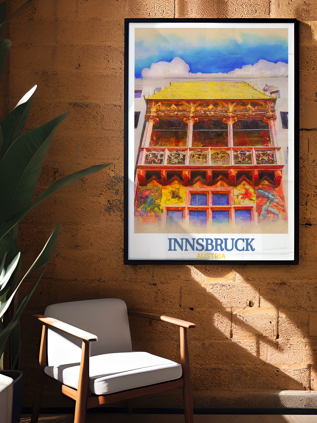 The Golden Roof in Innsbruck, Austria, is brought to life in this travel poster. Perfect for those who admire Austrian culture, historic landmarks, and breathtaking Alpine views.