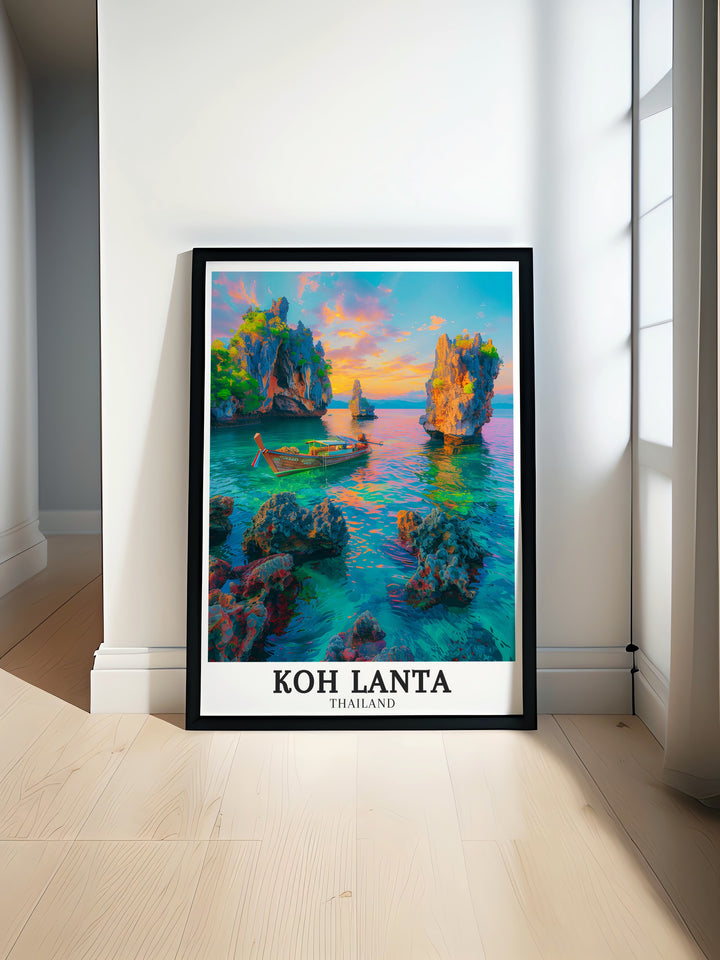 Mu Ko Lanta National Park Ko Talabeng modern prints showcase Thailands tropical beauty. Perfect for beach lovers and travelers these stunning beach art prints offer a tranquil island feel for home decor. A great gift idea for anyone who loves exotic destinations.