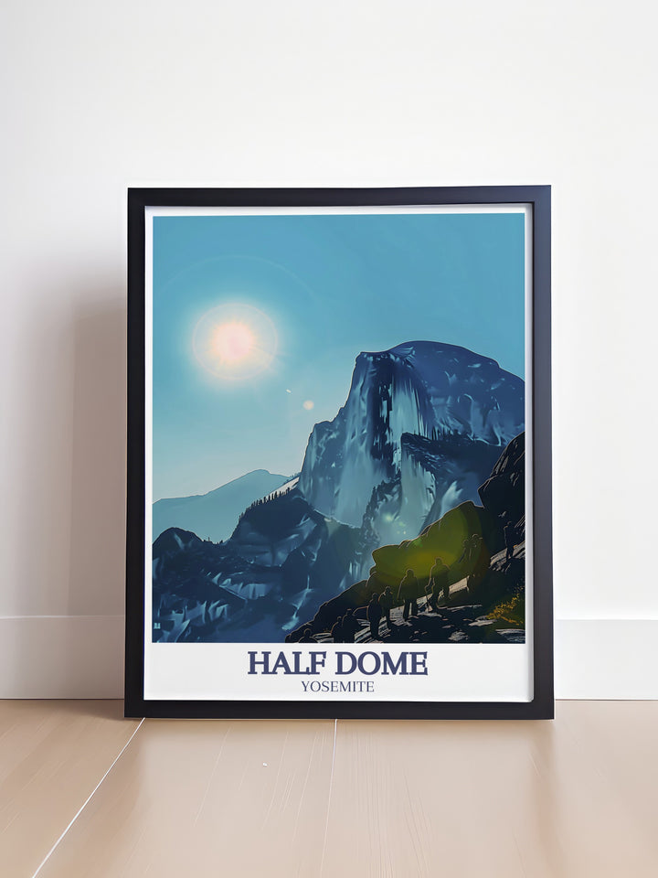 Yosemite National Parks iconic Half Dome and Glacier Point come to life in this vibrant travel poster. A perfect way to commemorate your trip or inspire future adventures, this artwork brings a piece of natures grandeur into your home.