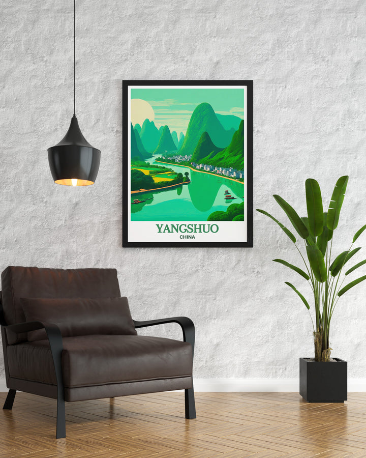 Li River travel print showcasing the peaceful river meandering through Yangshuos dramatic karst mountains. This artwork perfectly captures the tranquil beauty of one of Chinas most famous natural sites, making it an ideal addition to your wall decor.