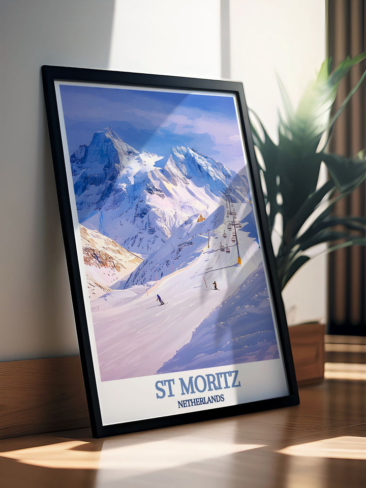 This vintage inspired poster of St Moritz captures the essence of its prestigious heritage and stunning alpine scenery, offering a glimpse into one of Switzerlands most iconic destinations.