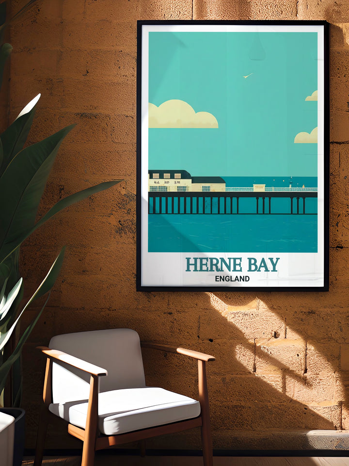 Our Herne Bay travel print showcases the iconic pier, one of Kents most treasured landmarks. With its vibrant colors and detailed rendering, this artwork brings the beauty of Herne Bay into any room.