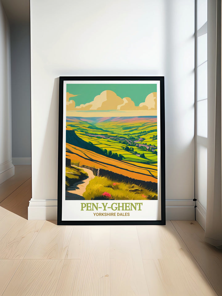 Yorkshire Dales art print celebrating the natural splendor of Pen Y Ghent and its summit. This artwork features the dramatic peaks and serene landscape, creating a captivating piece for your home decor. A thoughtful gift for friends and family.