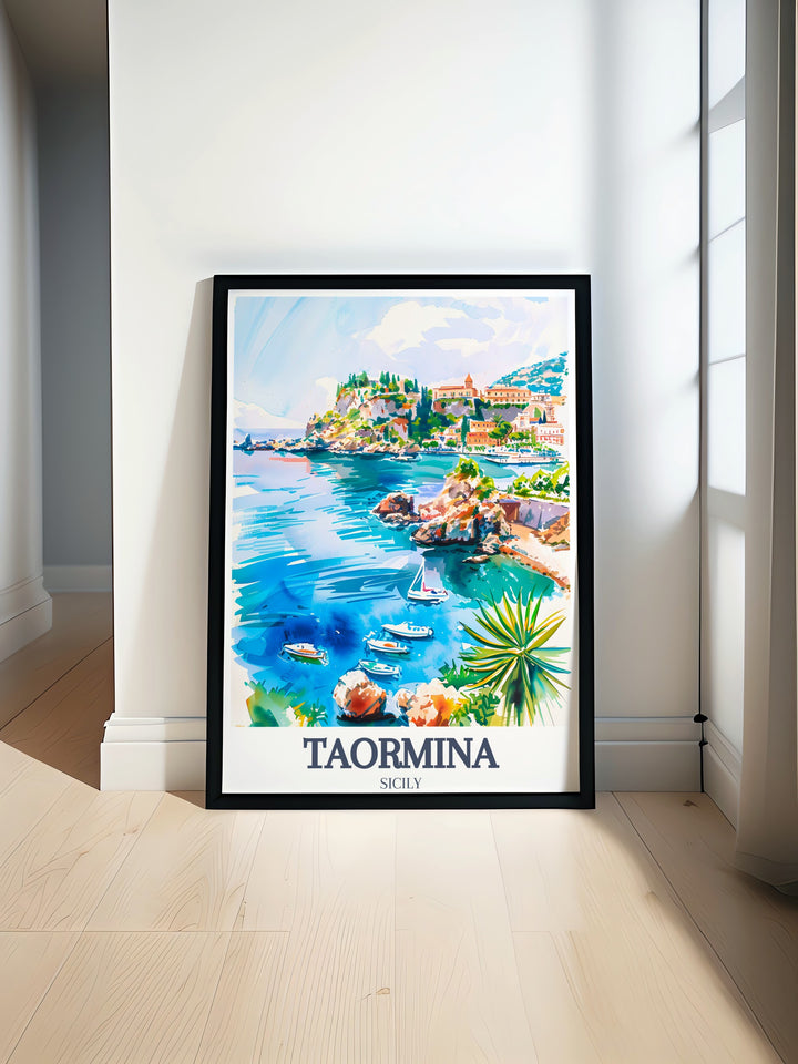 Italy wall art featuring Taormina Beach and Isola Bella. This art print highlights the stunning beauty of Taorminas coastal landscape and the elegance of Isola Bella.