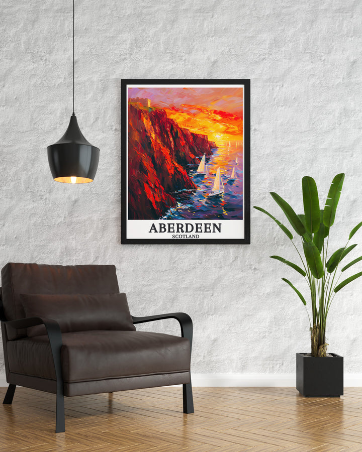 Dunnottar Castle Framed Art featuring a vibrant illustration of the castle and its surrounding seascape. The detailed portrayal of this Scottish landmark adds an element of history and natural beauty to any wall decor setting, making it a standout piece