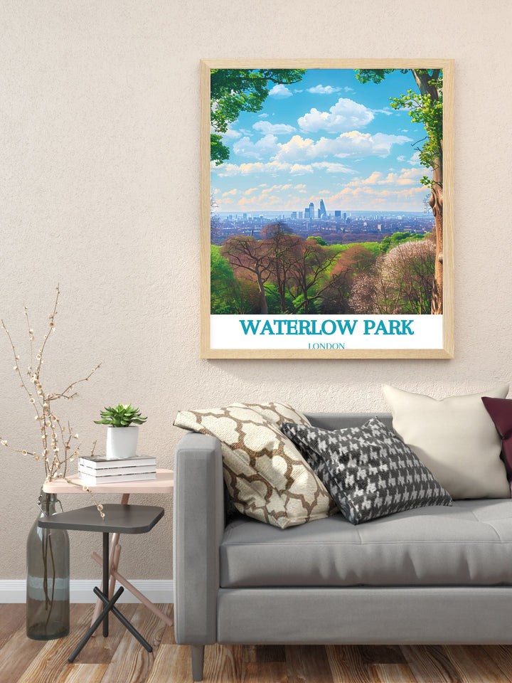 Elevate your living room decor with Waterlow Park Modern Prints featuring the lush landscapes of one of Londons most cherished parks these stunning prints bring a sense of calm and natural beauty to any room while celebrating the timeless charm of Highgate London