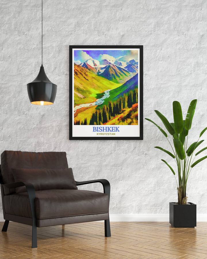 The Ala Archa Wall Poster captures Kyrgyzstans famed national park in all its glory, featuring dramatic peaks and serene valleys. This poster is ideal for those who appreciate the great outdoors and want to bring a piece of nature into their living space.