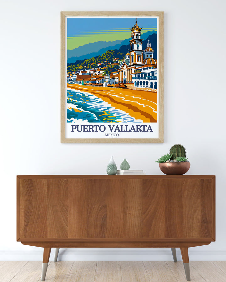 Personalized Puebla Painting highlighting unique architectural details and rich cultural heritage combined with Puerto Vallarta beach Our Lady of Guadalupe Church stunning living room decor for a stylish upgrade