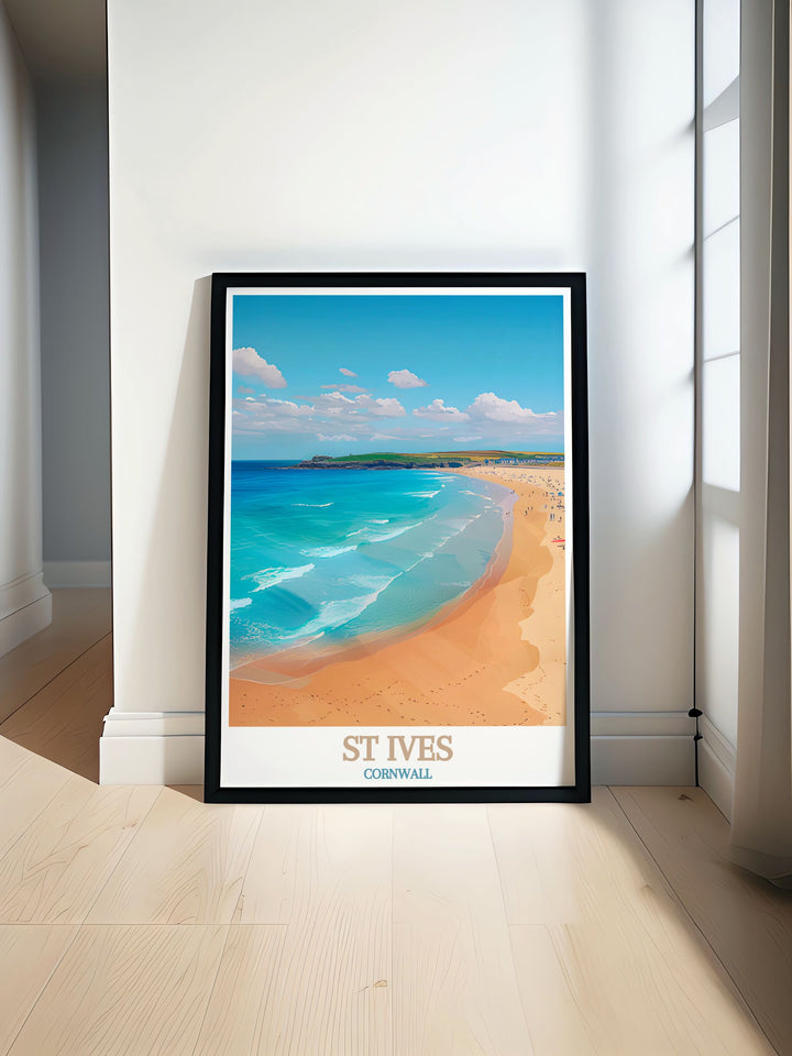 The majestic Porthmeor Beach and the lively atmosphere of St Ives are highlighted in this vibrant travel poster, showcasing the natural beauty and cultural heritage of Cornwall.