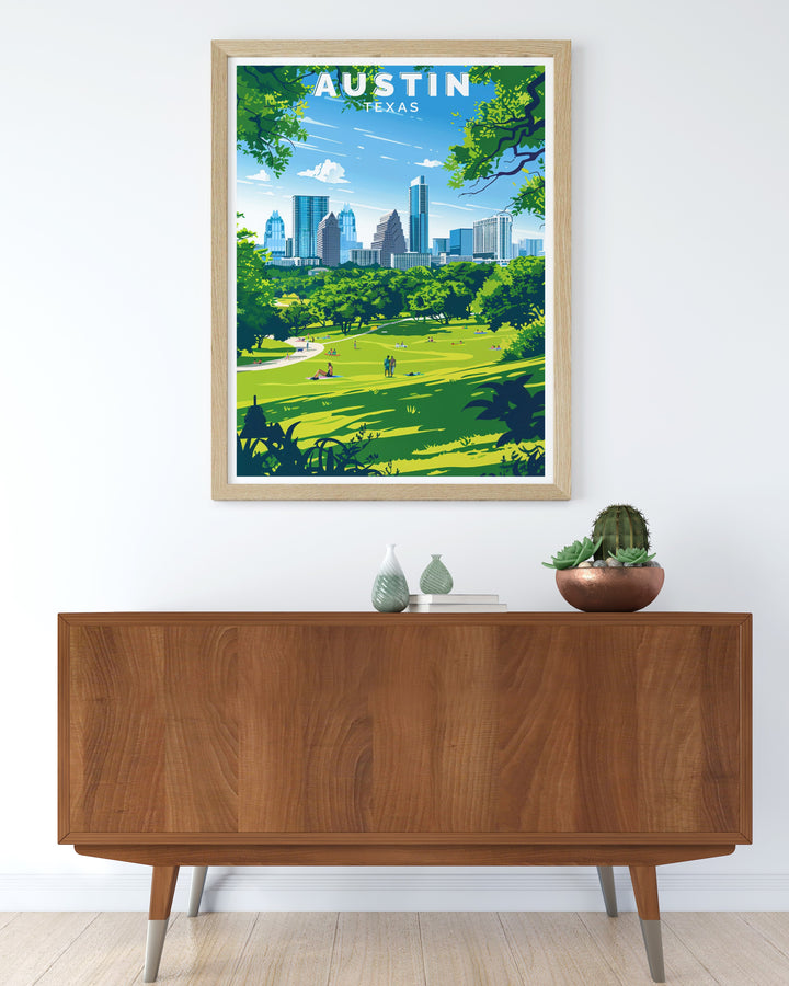 Framed Print featuring the dynamic Bonnaroo Festival and Zilker Park City view ideal for music memorabilia collectors and stunning modern decor