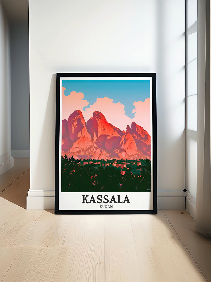 Kassala town and Taka Mountains modern print showcasing the vibrant landscapes and intricate details perfect for elegant home decor and stunning wall art in any room.