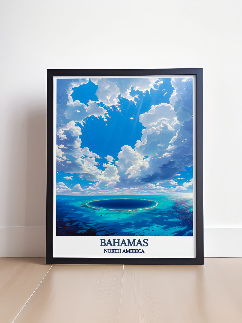 Canvas art of the Bahama Blue Hole surrounded by lush tropical foliage, creating a peaceful and inviting ambiance in your home or office space.