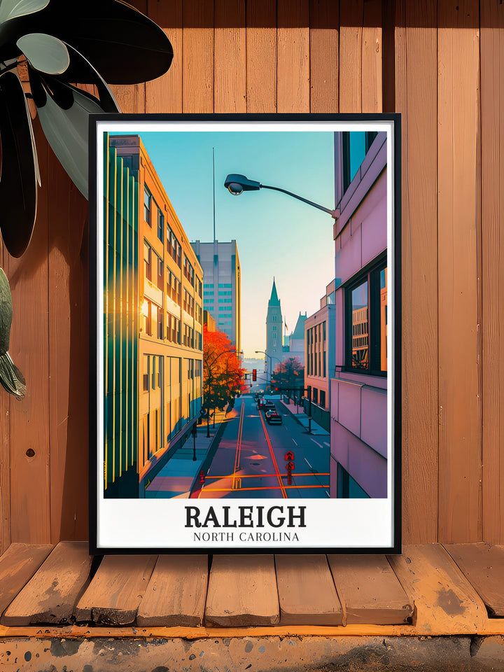 Beautiful Raleigh travel print highlighting the bustling energy of Downtown Raleigh and the serene charm of Durham. The artwork captures the diverse landscapes of North Carolina, making it a timeless piece for any art collection