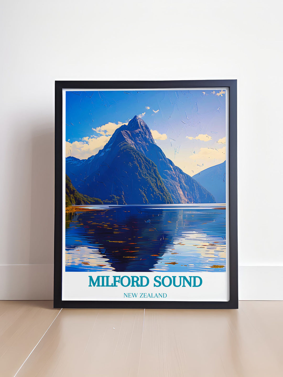 Nature poster of Milford Sound highlighting the impressive Mitre Peak and its striking features amidst the serene waters and lush surroundings of Fiordland National Park. Perfect for home decor.