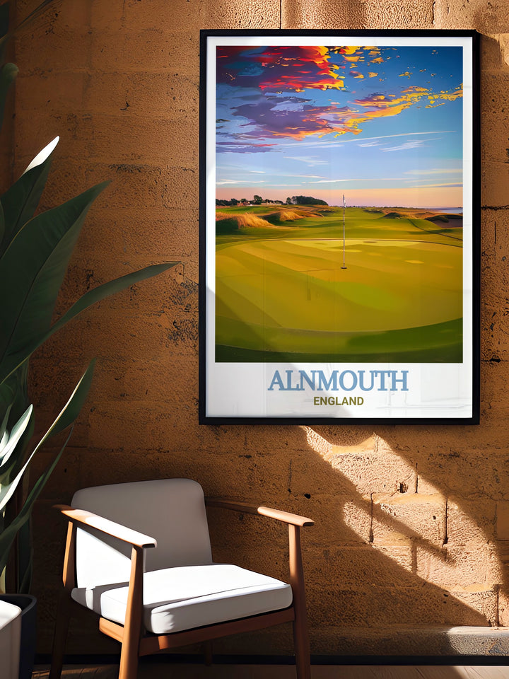 Transform your space with our elegant Alnmouth Golf Club art print designed to highlight the stunning scenery of Northumberlands historic golf course perfect for creating a calming atmosphere in any room