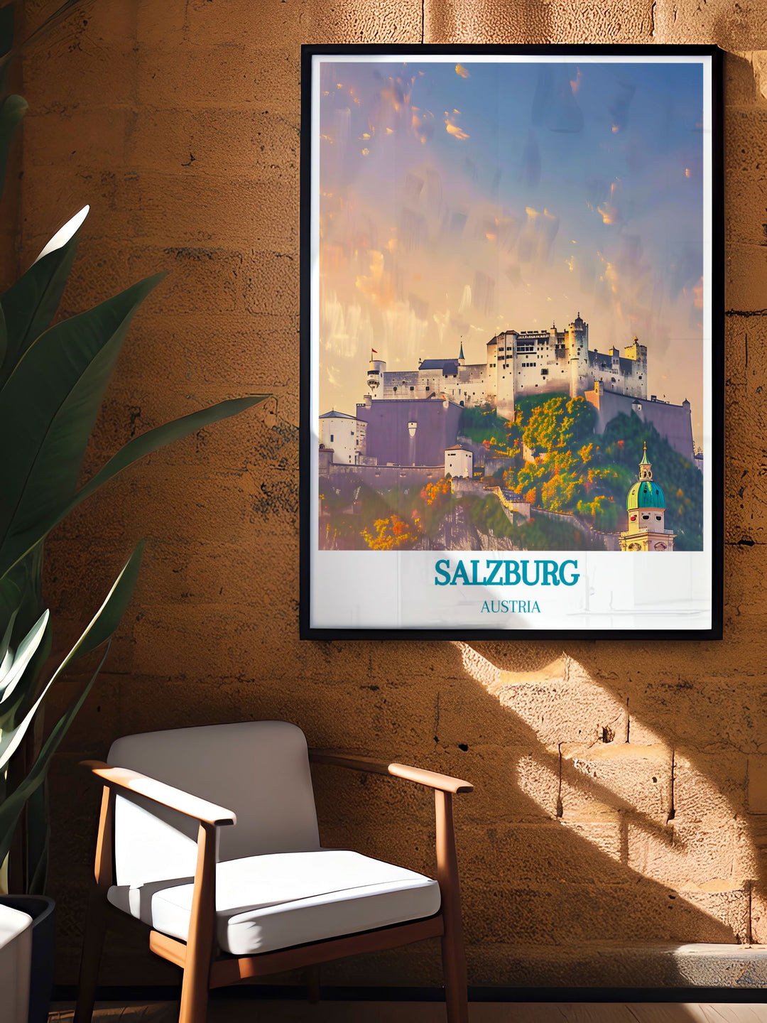 Salzburg Poster with Zauchensee Skiing and Hohensalzburg Fortress combining Austrian ski art and vintage travel prints for a perfect wall decor piece that adds elegance and excitement to your living space