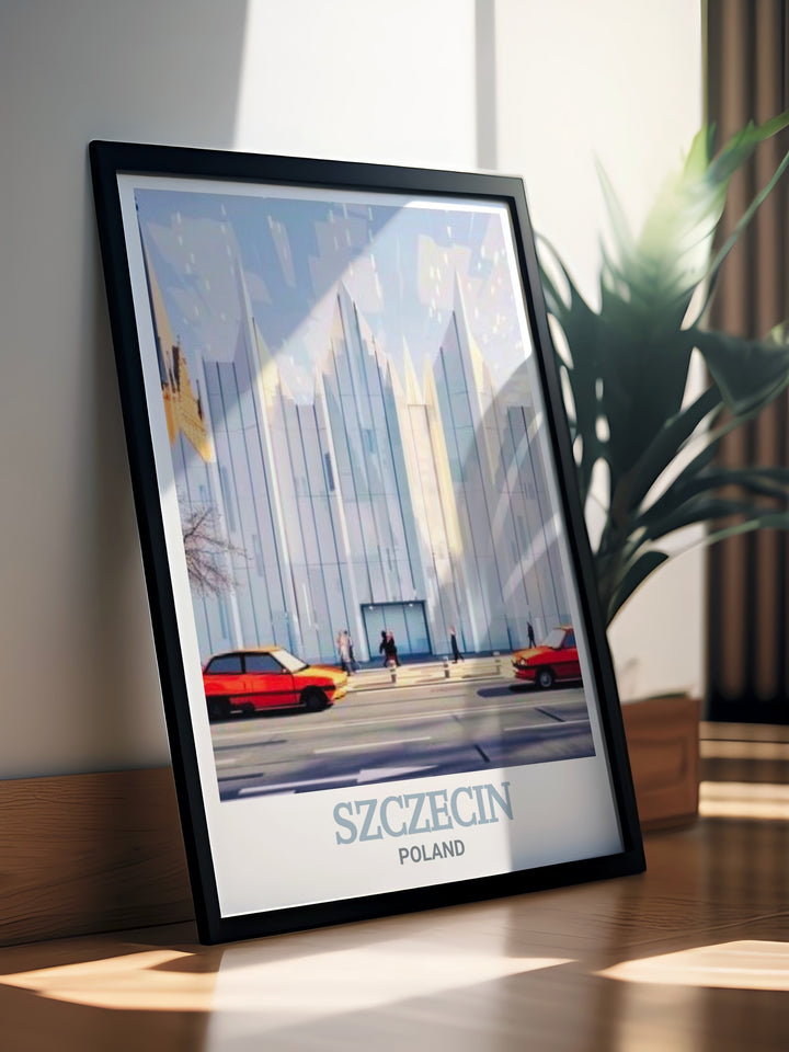 Vibrant Szczecin wall art featuring the Philharmonic Hall. This poster showcases the unique and stunning design of Szczecins cultural icon, ideal for adding a sophisticated touch to any room.