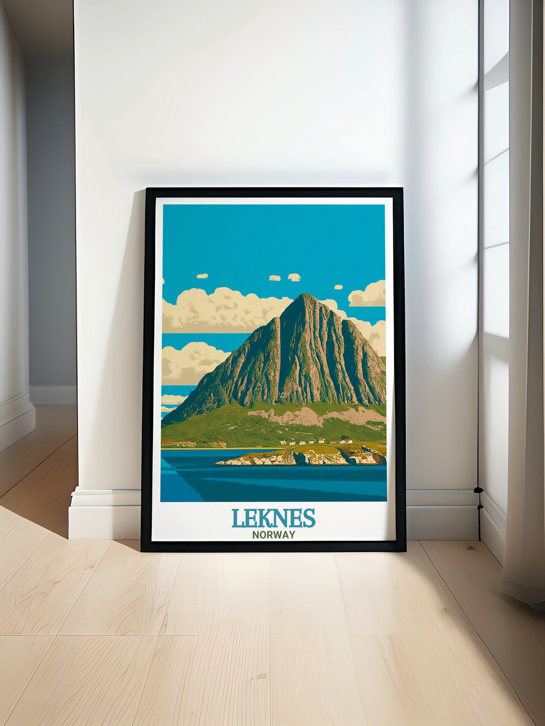 This artwork of Mount Hoven captures the grandeur of Norways mountainous landscapes, making it a perfect addition for those who appreciate the beauty of nature and wish to display the enchanting scenery of the Lofoten Islands.