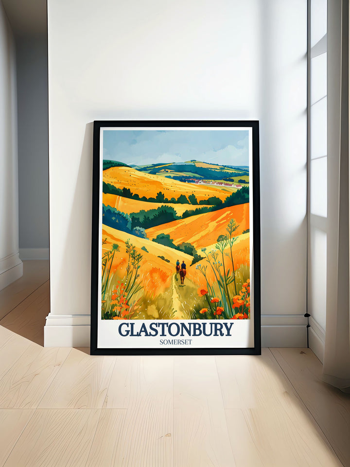 Stunning Glastonbury Tor art showcasing the beauty of Somerset levels and Mendip hills ideal for England wall art and UK wall prints enthusiasts a perfect addition to any home decor or as a thoughtful Glastonbury gift for art lovers and travelers alike.