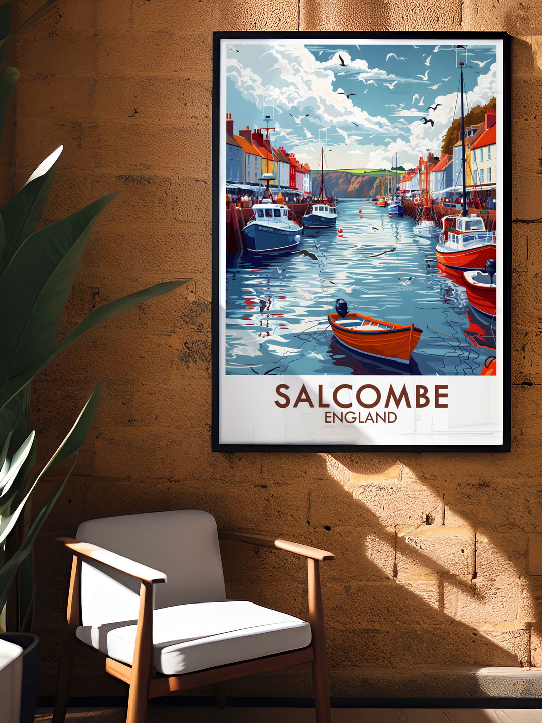 Enhance your home with Salcombe Harbor elegant home decor prints featuring a detailed and vibrant Devon illustration